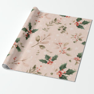 Pink Winter - Holly Leaves and Snowflakes (2) Wrapping Paper