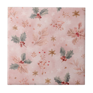 Pink Winter - Holly Leaves and Snowflakes Ceramic Tile