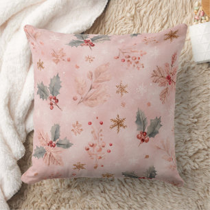 Pink Winter - Holly Leaves and Snowflakes Cushion