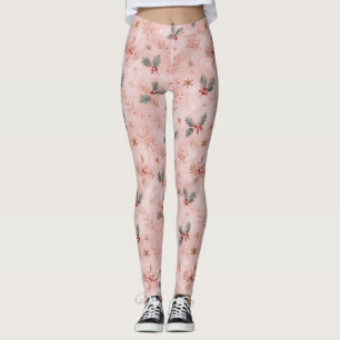 Pink Winter - Holly Leaves and Snowflakes Leggings