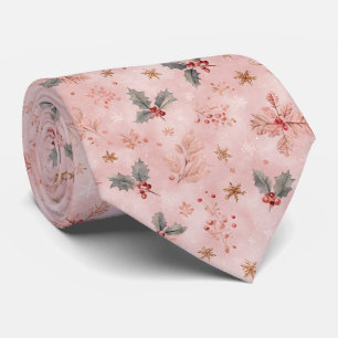 Pink Winter - Holly Leaves and Snowflakes Tie