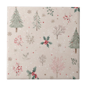 Pink Winter - Holly Leaves, Pine Tree, Snowflakes Ceramic Tile