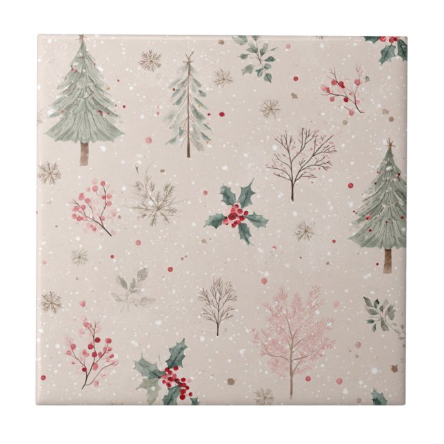 Pink Winter - Holly Leaves, Pine Tree, Snowflakes Ceramic Tile (Front)