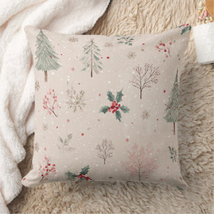 Pink Winter - Holly Leaves, Pine Tree, Snowflakes Cushion