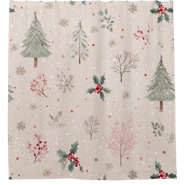 Pink Winter - Holly Leaves, Pine Tree, Snowflakes Shower Curtain (Front)