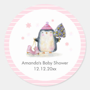 Pink Winter Ice Skate Penguin Baby Shower  Classic Round Sticker