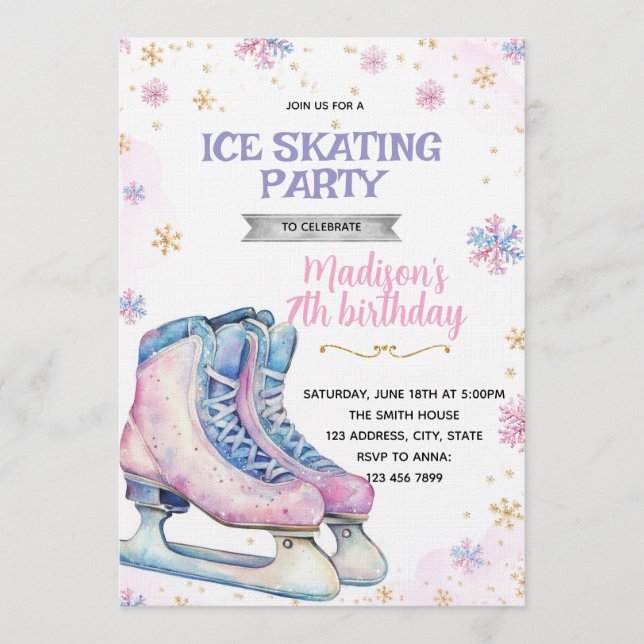 Pink winter ice skating invitation (Front)