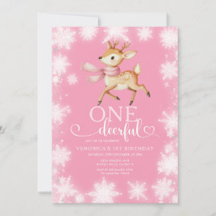 Pink Winter Onedeerful Birthday White Snowflakes Invitation