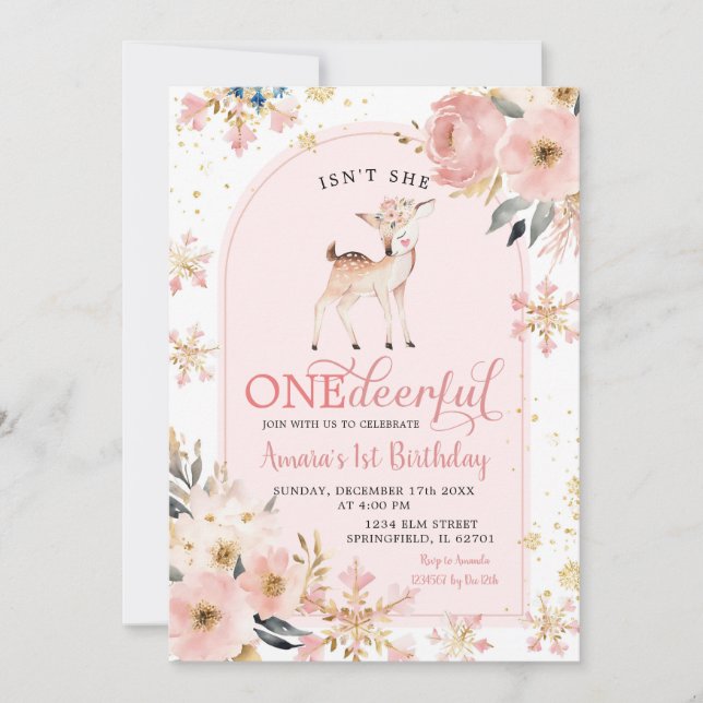 Pink Winter Onedeerful Snowflake Floral Birthday Invitation (Front)