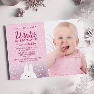 Pink Winter ONEderland 1st Birthday Photo Invitation
