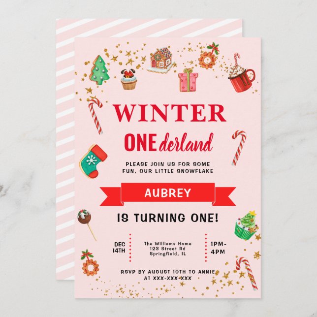 Pink Winter Onederland First Birthday Invitation (Front/Back)