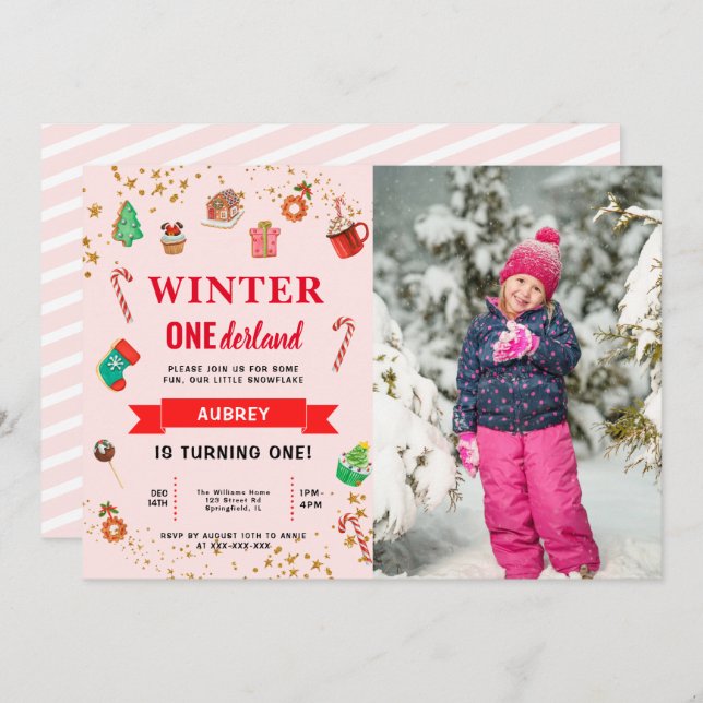 Pink Winter Onederland First Birthday Invitation (Front/Back)