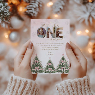 Pink Winter Onederland Girl 1st Birthday Photo Thank You Card