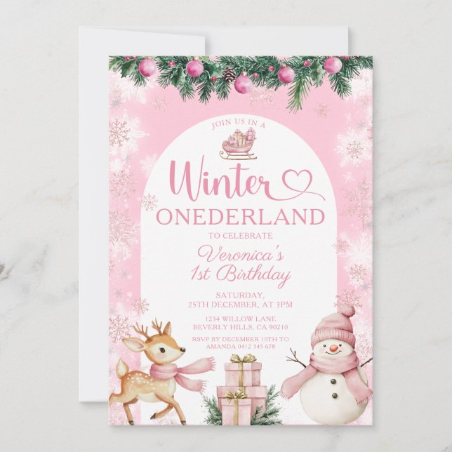 Pink Winter Onederland Girl Birthday Snowflakes Invitation (Front)