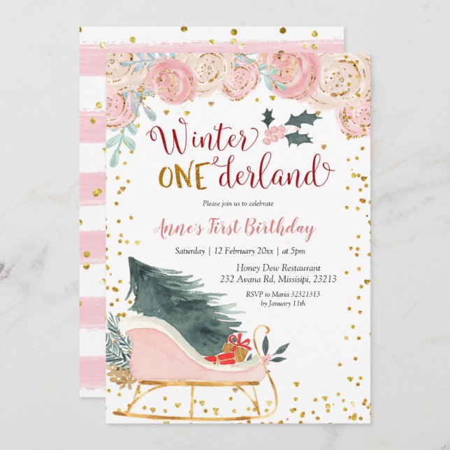 Pink Winter Onederland Sleigh birthday invitation (Front/Back)