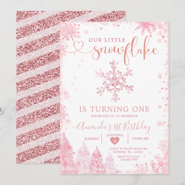 Pink Winter Onederland Snowflake 1st Birthday Invi Invitation (Front/Back)