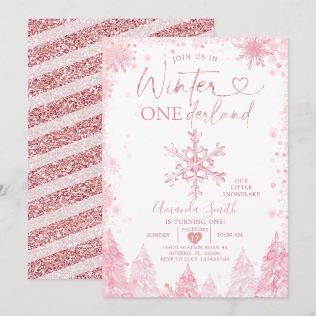 Pink Winter Onederland Snowflake 1st Birthday Invitation (Front/Back)
