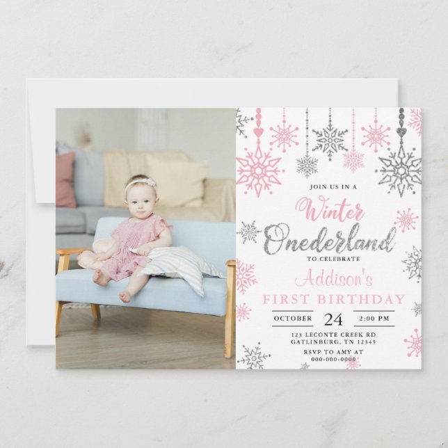 Pink Winter Onederland Snowflake Birthday Photo Invitation (Front)