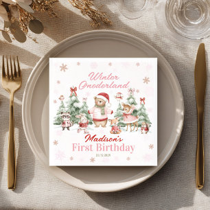 Pink Winter Onederland Woodland Animals Birthday Napkin