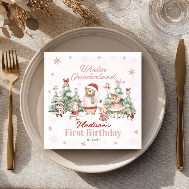 Pink Winter Onederland Woodland Animals Birthday Napkin (Creator Uploaded)