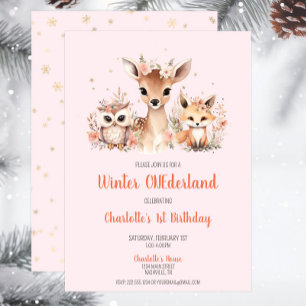 Pink Winter Onederland Woodland Birthday Invitation