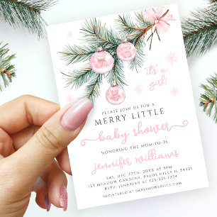 Pink Winter Ornaments on Pine Fir Baby Girl Shower Invitation