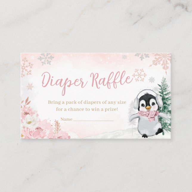 Pink Winter Penguin Baby Shower Diaper Raffle Enclosure Card (Front)