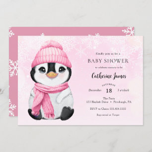 Pink Winter Penguin Baby Shower invitation