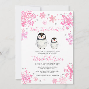 Pink Winter Penguin Baby Shower Invitation