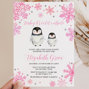 Pink Winter Penguin Baby Shower Invitation