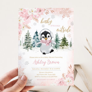 Pink Winter Penguin Baby Shower Invitation