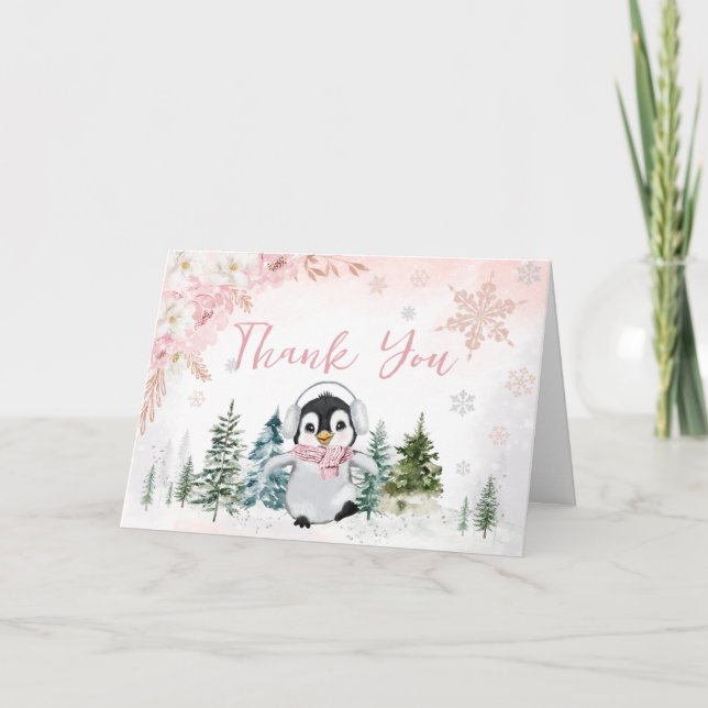 Pink Winter Penguin Baby Shower  Thank You Card (Front)
