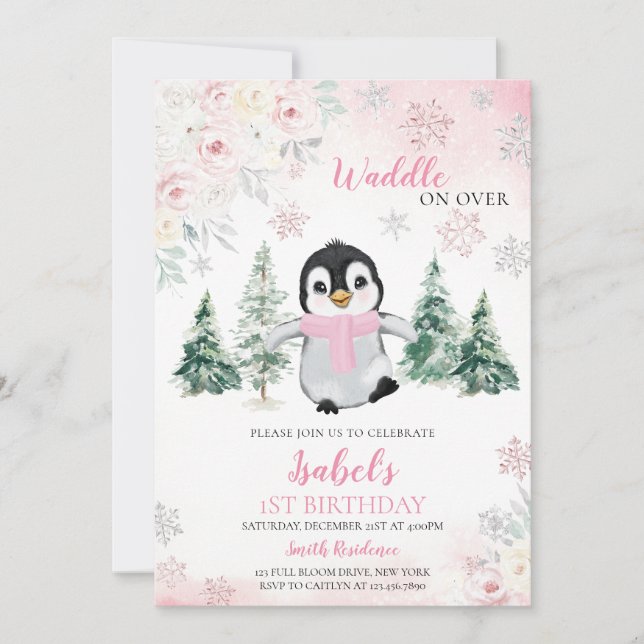 Pink Winter Penguin Birthday Party Invitation (Front)