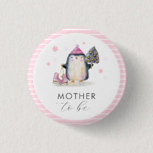 Pink Winter Penguin Mother To Be Baby Shower  3 Cm Round Badge