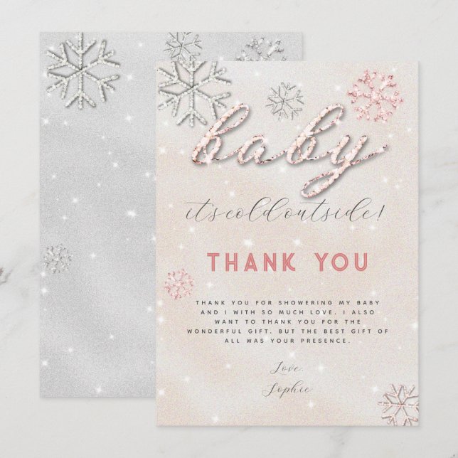 Pink Winter Rhinestones Baby Shower Thank You Invitation (Front/Back)