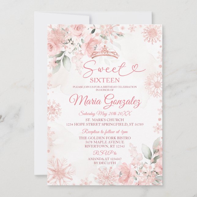 Pink Winter Rose Gold Floral Sweet 16 Birthday Invitation (Front)