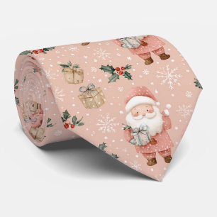 Pink Winter - Santa Claus, Snowflakes, Holly (1) Tie