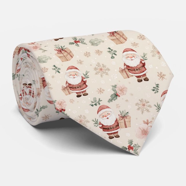 Pink Winter - Santa Claus, Snowflakes, Holly (2) Tie (Rolled)