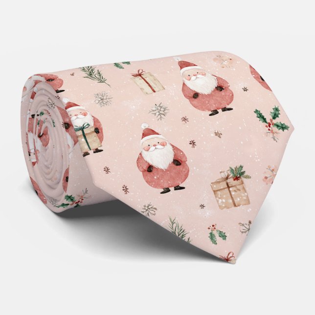 Pink Winter - Santa Claus, Snowflakes, Holly (3) Tie (Rolled)
