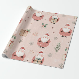 Pink Winter - Santa Claus, Snowflakes, Holly (3) Wrapping Paper