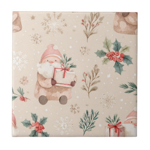 Pink Winter - Santa Claus, Snowflakes, Holly (4) Ceramic Tile