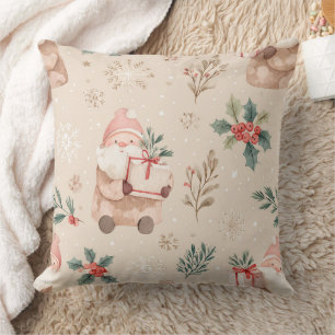 Pink Winter - Santa Claus, Snowflakes, Holly (4) Cushion