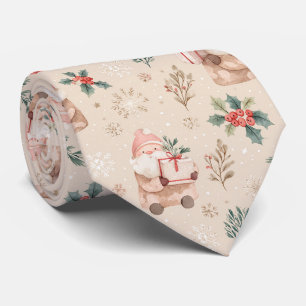 Pink Winter - Santa Claus, Snowflakes, Holly (4) Tie