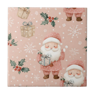 Pink Winter - Santa Claus, Snowflakes, Holly Ceramic Tile