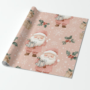 Pink Winter - Santa Claus, Snowflakes, Holly Wrapping Paper