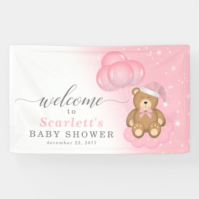 Pink Winter Sleepy Bear Baby Shower Welcome Sign (Horizontal)