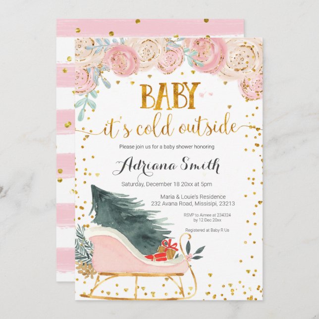 Pink winter sleigh baby its cold outside shower invitation (Front/Back)