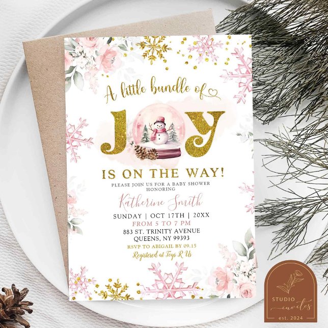 Pink Winter Snow Globe Floral Baby Shower Invitation (Creator Uploaded)