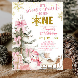 Pink Winter Snow Much Fun First Photo Birthday Invitation