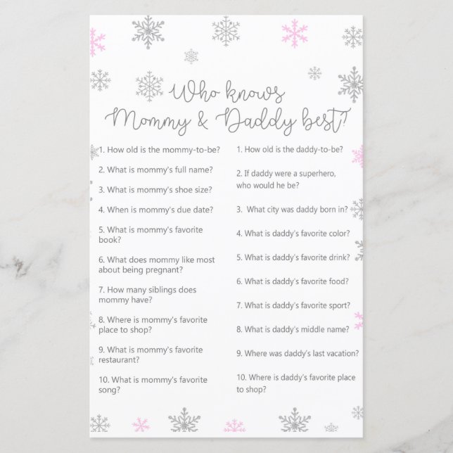 Pink Winter Snowflake Baby Shower Game PRINTED (Front)